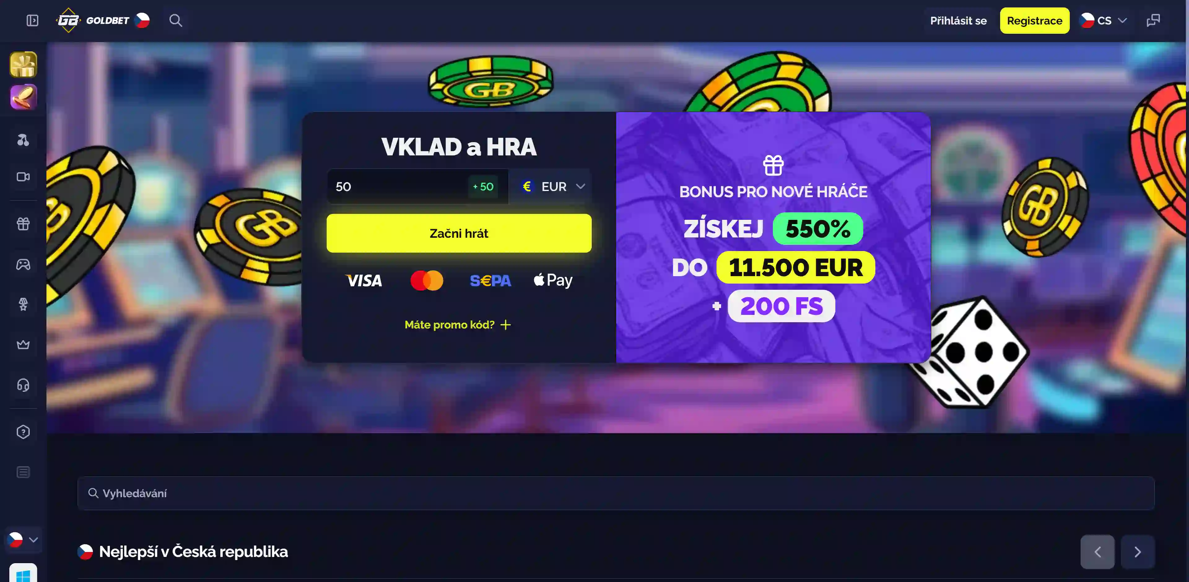 Úvodní stránka Goldbet Casino s hlavním menu a tlačítky pro registraci a přihlášení