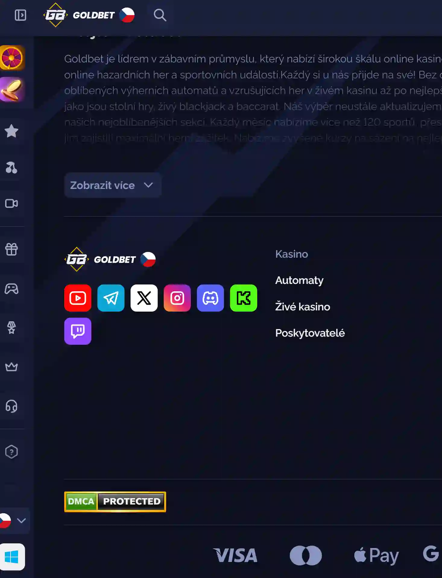 Sekce kontaktů a podpory v zápatí webu Goldbet Casino
